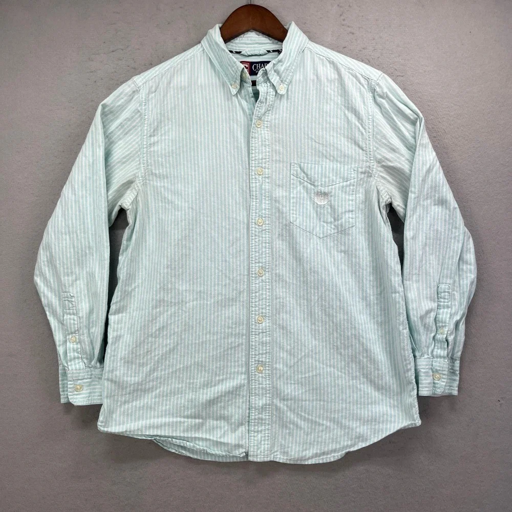 Chaps Button Down Shirt Mens Medium Mint Green Striped Oxford Preppy Coastal